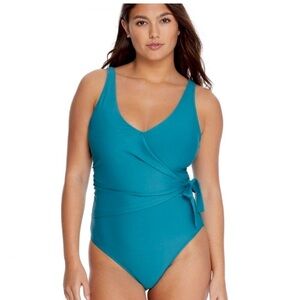 Blue Wrap One-Piece Swimsuit with V-Neck and Side Tie